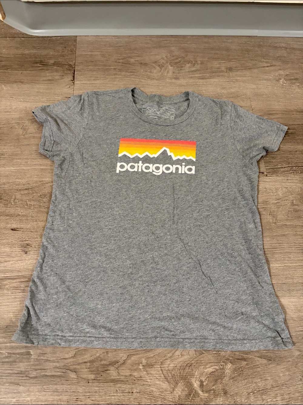 Patagonia Heather Gray Tee with Sunset Stripe Logo